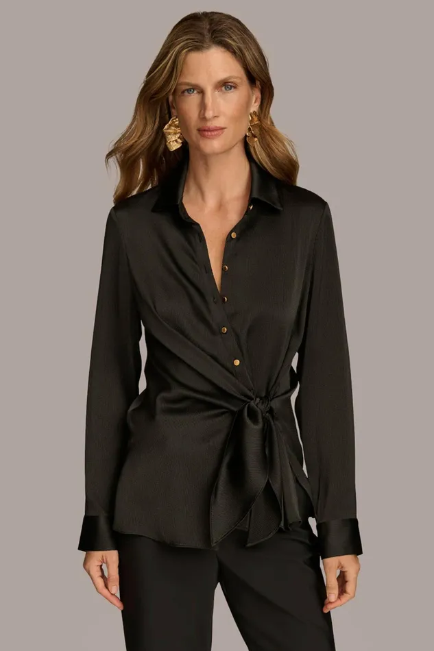 Women Sweaters And Tops Donna Karan BUTTON FRONT TIE WAIST TOP Black