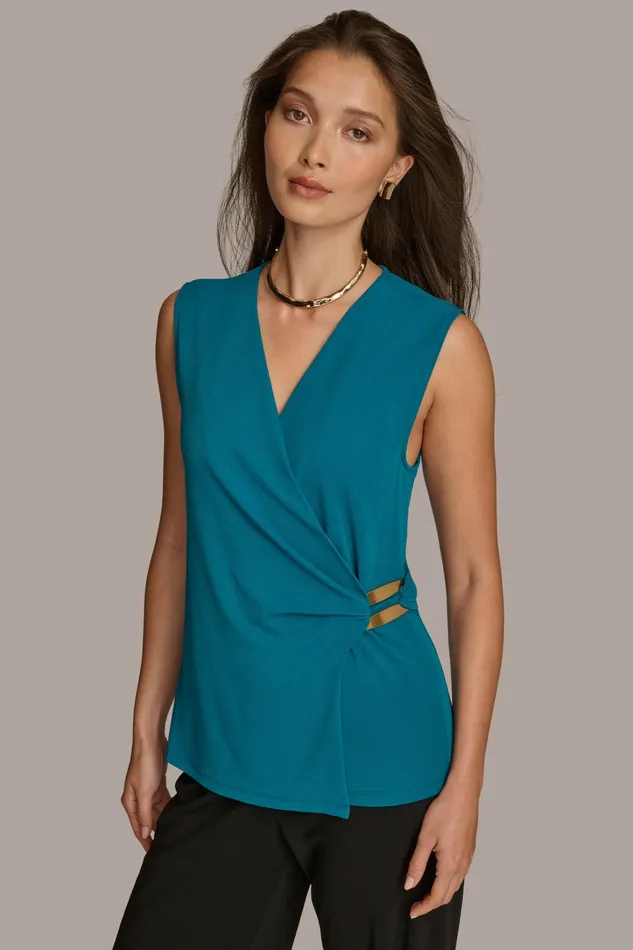Women Sweaters And Tops Donna Karan FAUX WRAP TOP WITH BRUSHED HARDWARE DETAIL Empire Teal