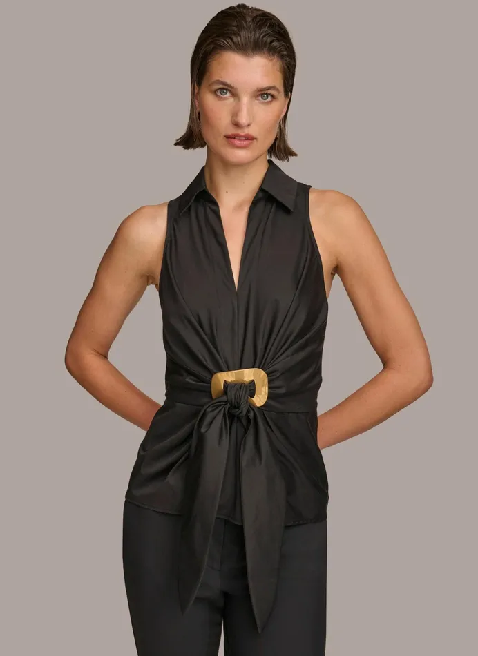 Women Sweaters And Tops Donna Karan GOLD HARDWARE KNOT TOP Black