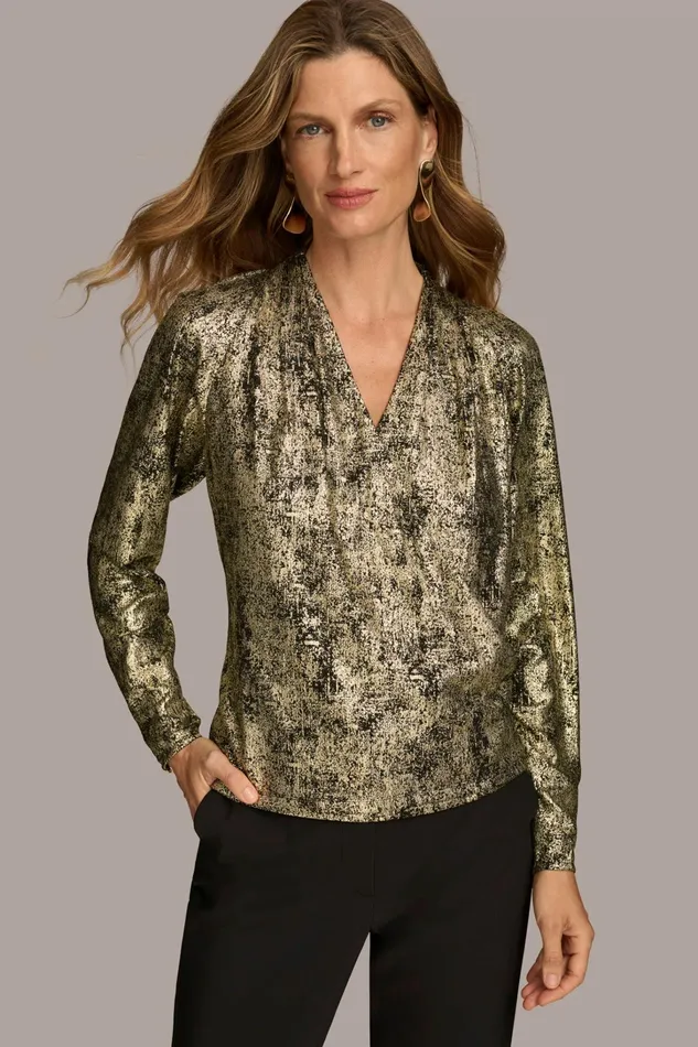 Women Sweaters And Tops Donna Karan METALLIC FAUX WRAP TOP Gold Multi