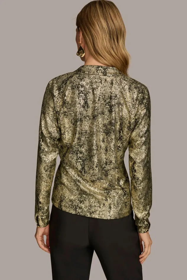 Women Sweaters And Tops Donna Karan METALLIC FAUX WRAP TOP Gold Multi