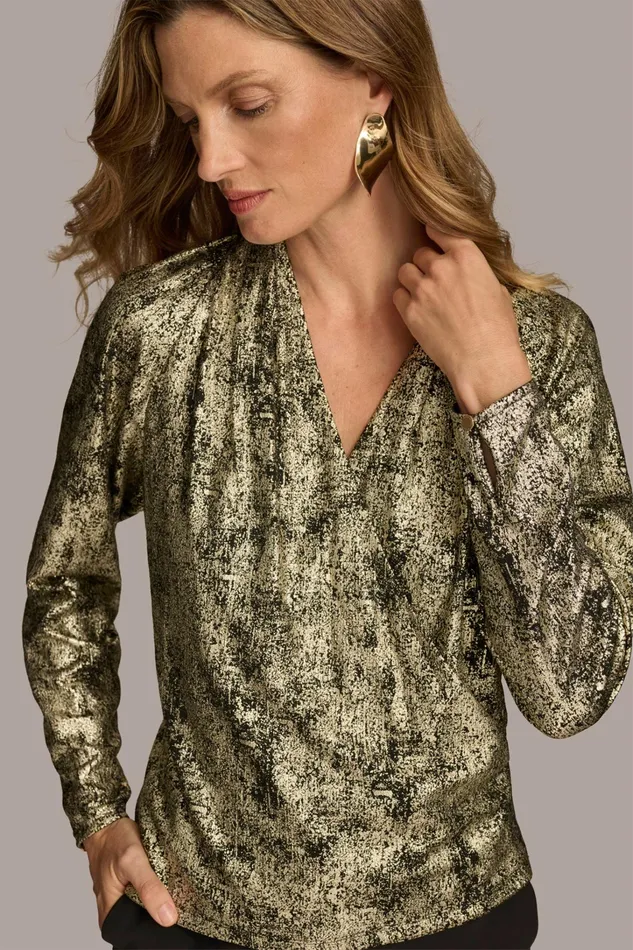 Women Sweaters And Tops Donna Karan METALLIC FAUX WRAP TOP Gold Multi