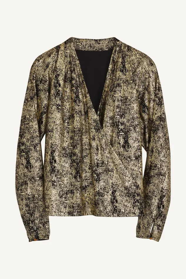 Women Sweaters And Tops Donna Karan METALLIC FAUX WRAP TOP Gold Multi