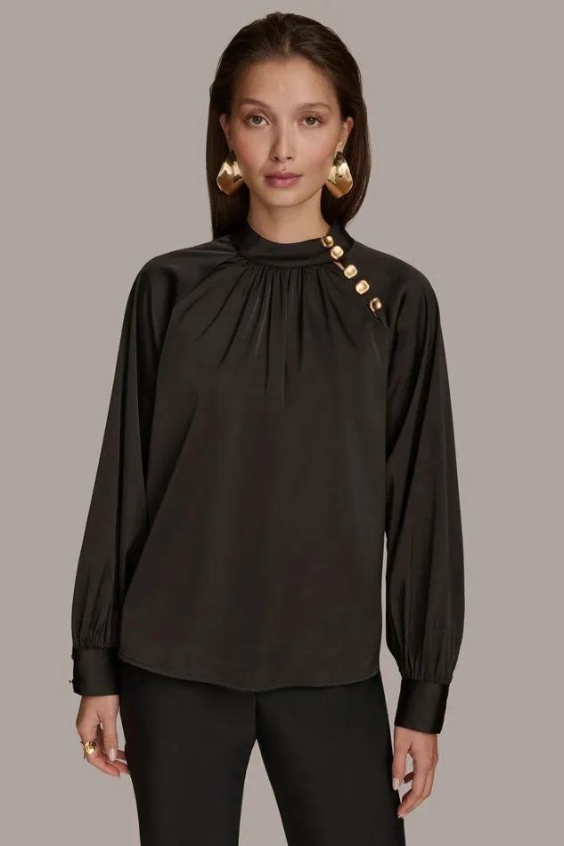 Women Sweaters And Tops Donna Karan MOCK NECK WITH BUTTONS Black