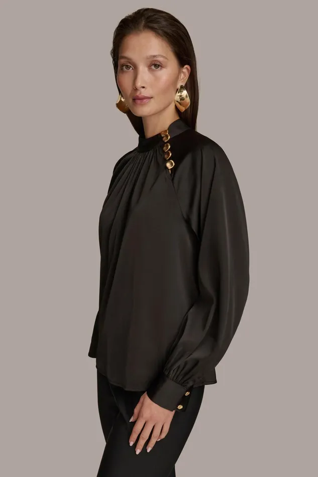 Women Sweaters And Tops Donna Karan MOCK NECK WITH BUTTONS Black