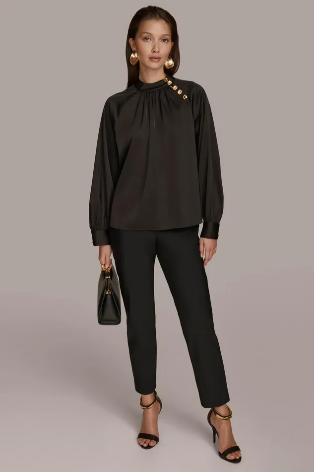 Women Sweaters And Tops Donna Karan MOCK NECK WITH BUTTONS Black