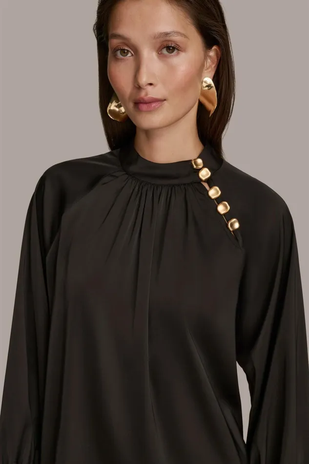 Women Sweaters And Tops Donna Karan MOCK NECK WITH BUTTONS Black