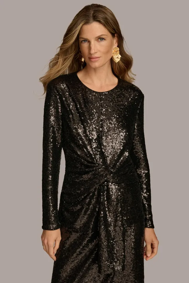 Women Sweaters And Tops Donna Karan TIE WAIST SEQUIN TOP Black