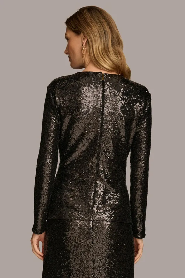 Women Sweaters And Tops Donna Karan TIE WAIST SEQUIN TOP Black
