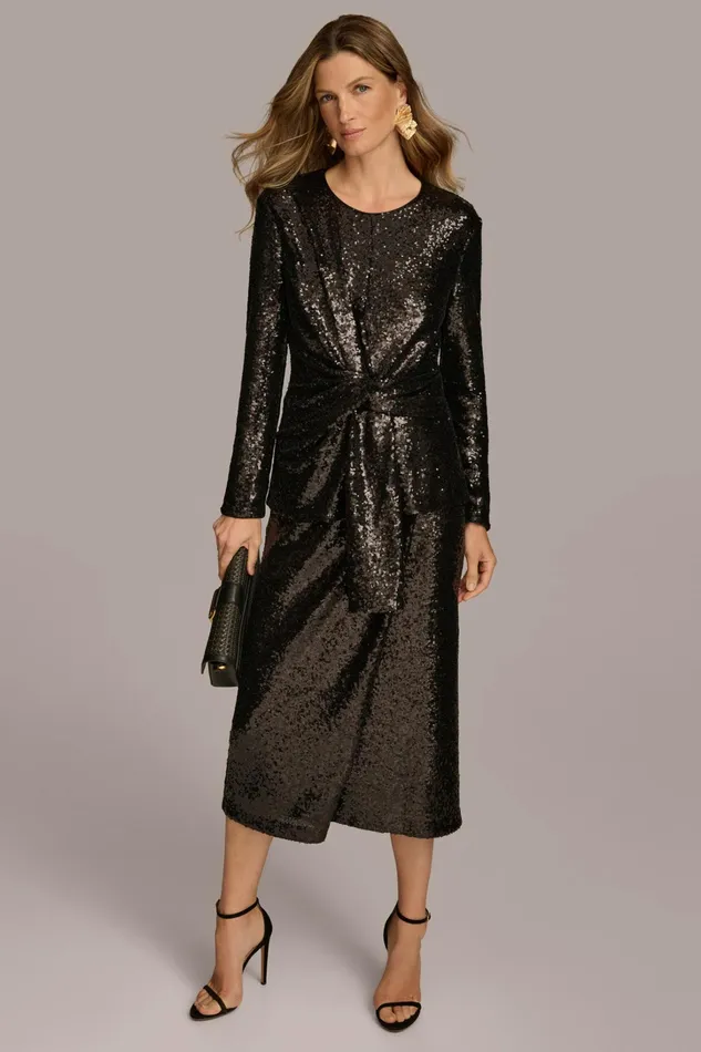 Women Sweaters And Tops Donna Karan TIE WAIST SEQUIN TOP Black