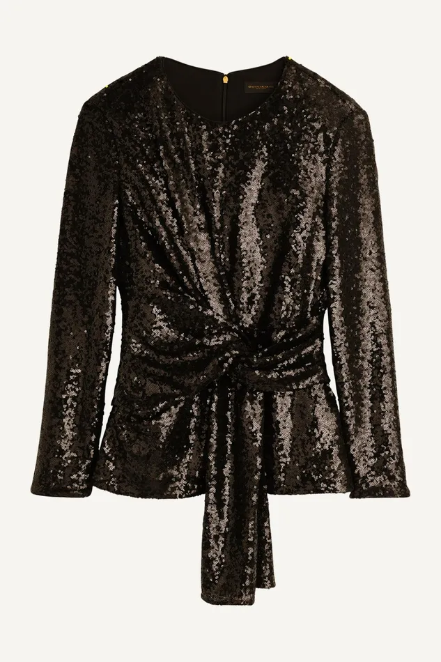 Women Sweaters And Tops Donna Karan TIE WAIST SEQUIN TOP Black