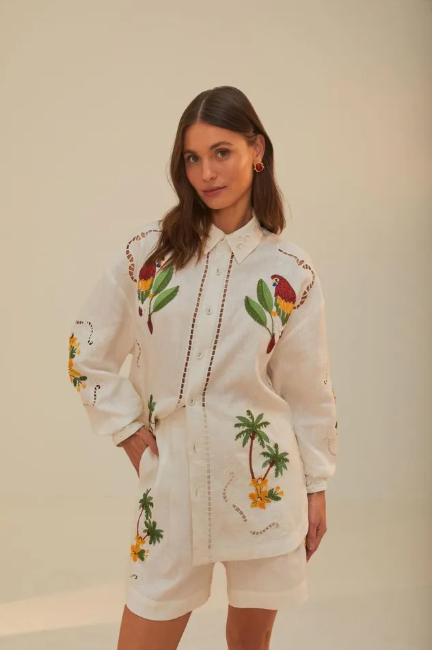 Women Tropical Destination Embroidered Euroflax Premium Linen Shorts White FARM Rio Shorts