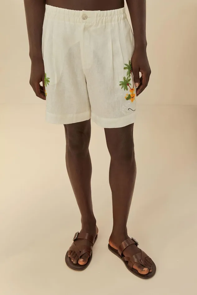 Women Tropical Destination Embroidered Euroflax Premium Linen Shorts White FARM Rio Shorts