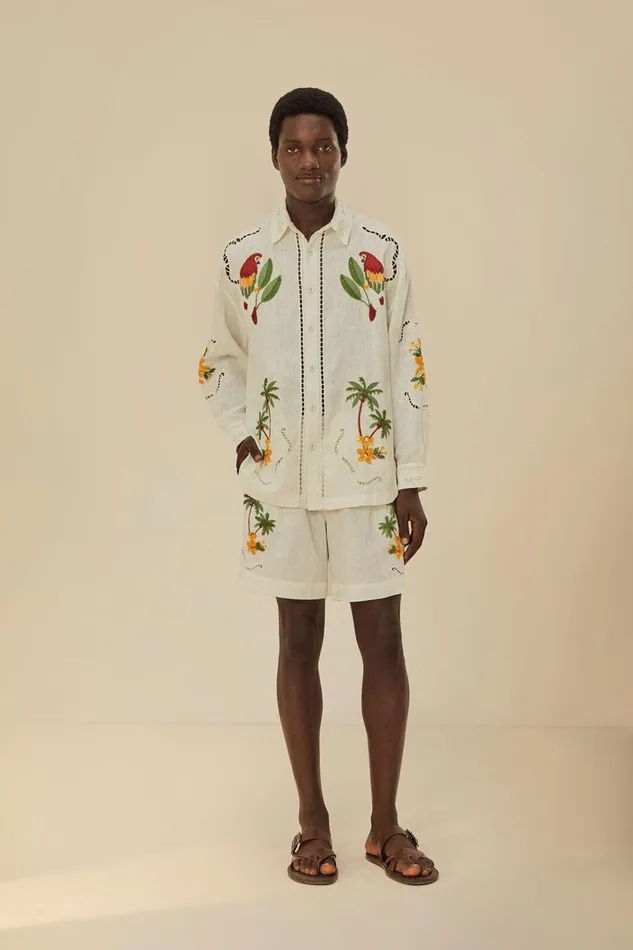 Women Tropical Destination Embroidered Euroflax Premium Linen Shorts White FARM Rio Shorts