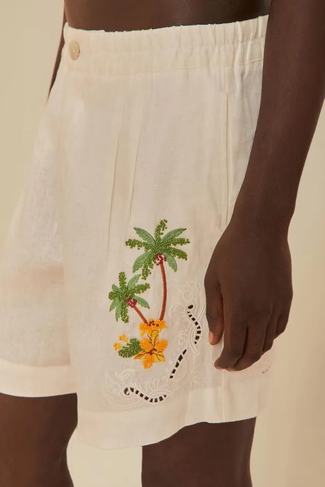 Women Tropical Destination Embroidered Euroflax Premium Linen Shorts White FARM Rio Shorts