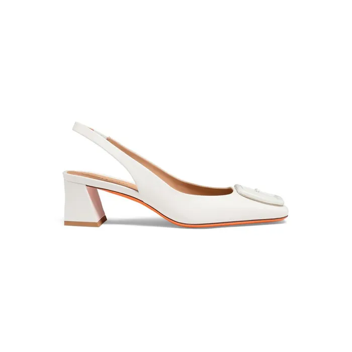 Women White Leather MidHeel Slingback Santoni Pumps and Heels