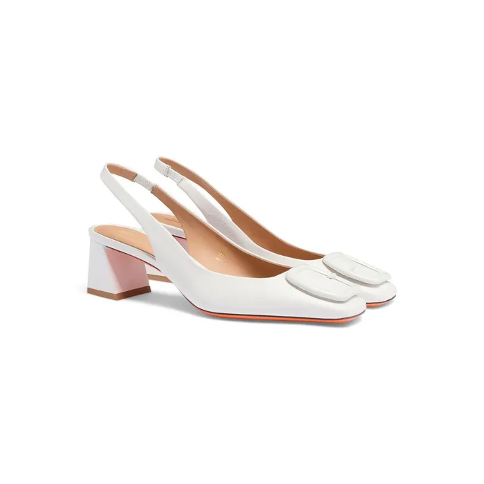 Women White Leather MidHeel Slingback Santoni Pumps and Heels