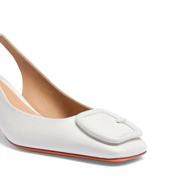 Women White Leather MidHeel Slingback Santoni Pumps and Heels