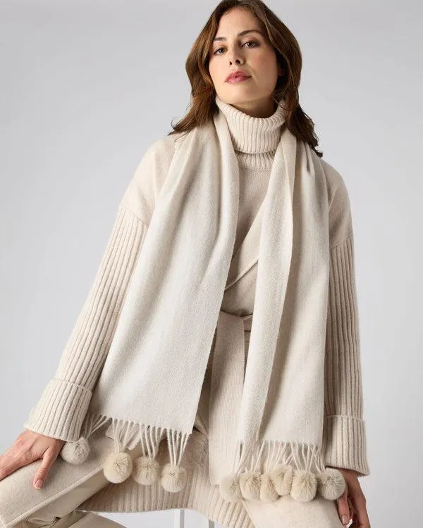 Women Women039s Fur Bobble Woven Cashmere ScarfIn Ecru White Ecru White NPeal Cashmere Scarves