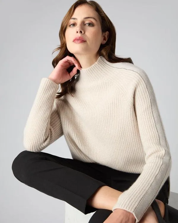 Women Women039s Metal Trim Funnel Neck Cashmere Sweater With LurexIn Ecru White Sparkle Ecru White Sparkle NPeal Turtle Necks