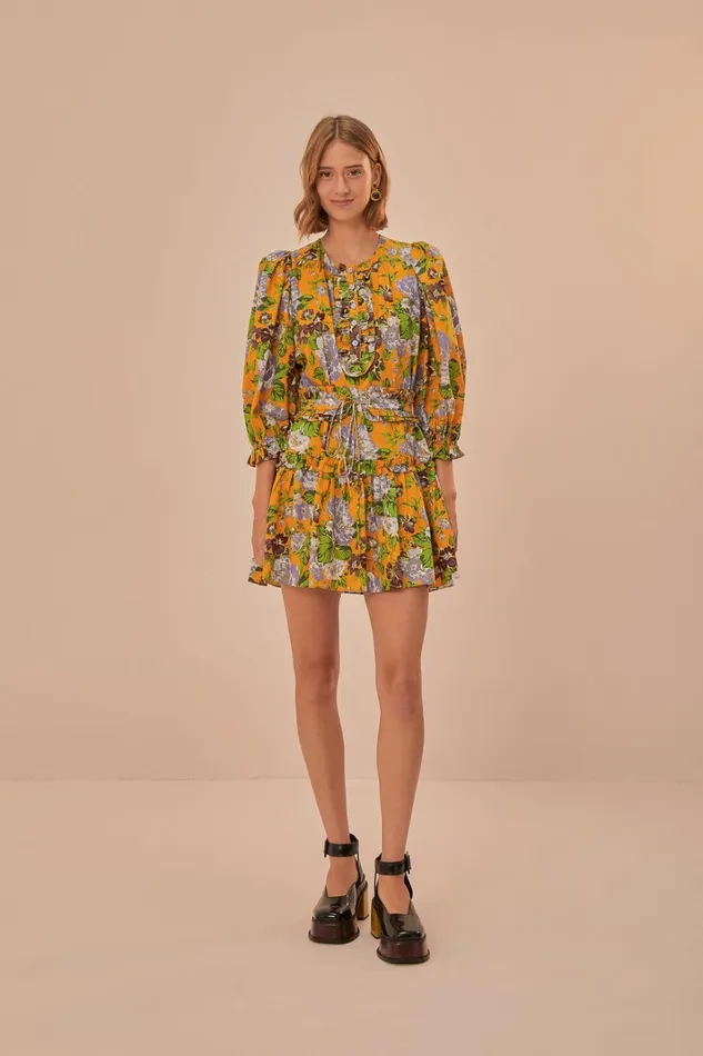 Women Yellow Capri Floral Short Sleeve Mini Dress Capri Floral Yellow FARM Rio Mini Dresses