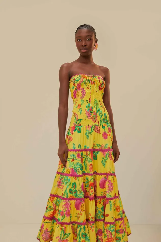 Women Yellow Delicate Fruit Garden Smocked Maxi Dress Delicate Fruit Garden Yellow FARM Rio Maxi Dresses