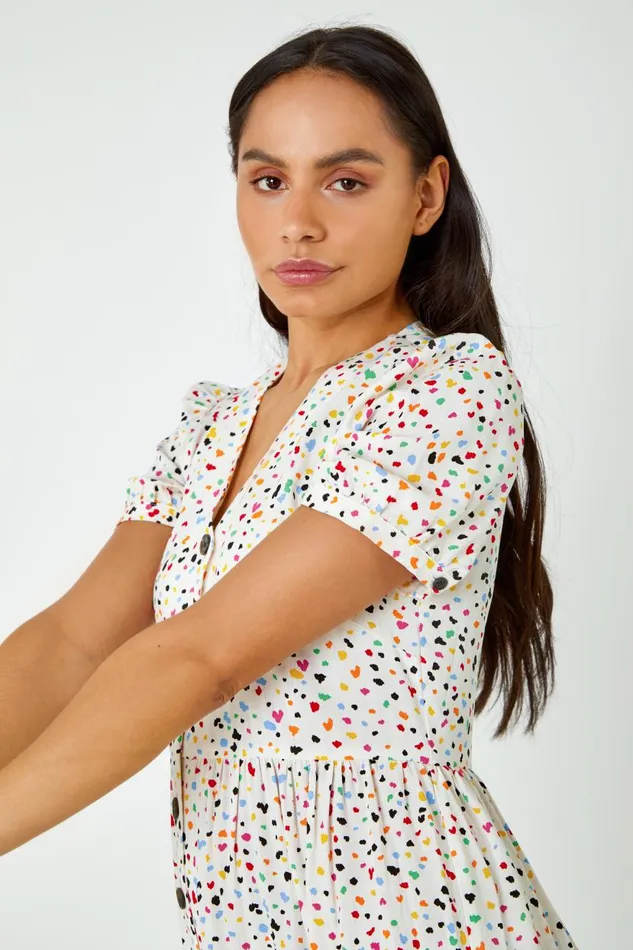 Yellow Ditsy Spot Print Button Down Dress Women Roman Dresses