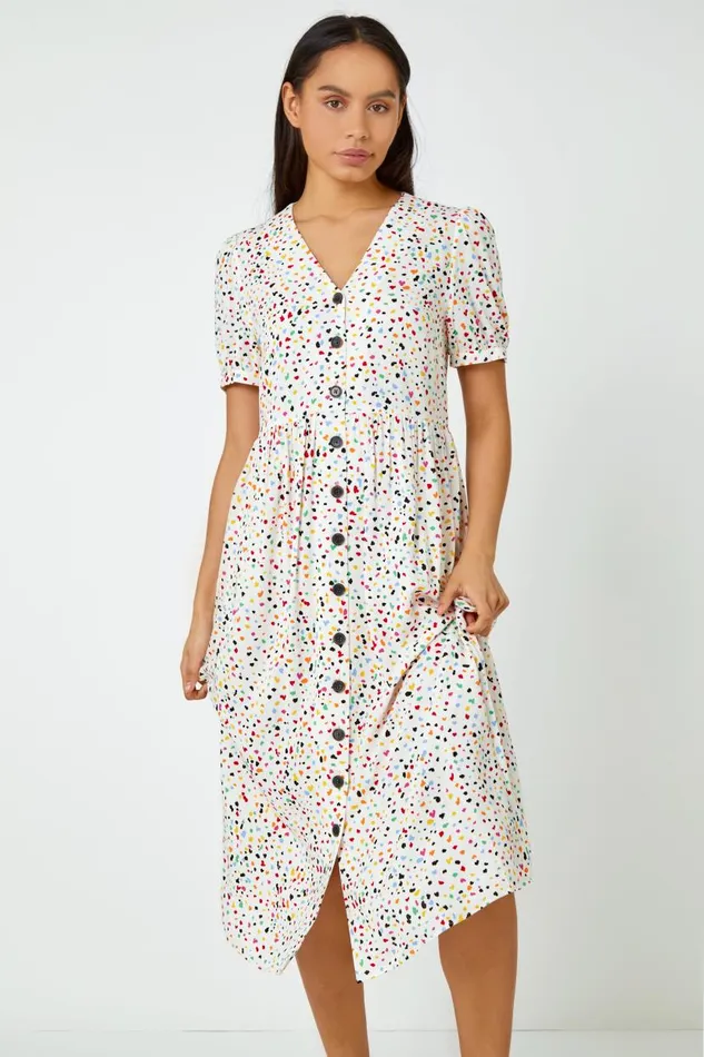 Yellow Ditsy Spot Print Button Down Dress Women Roman Dresses