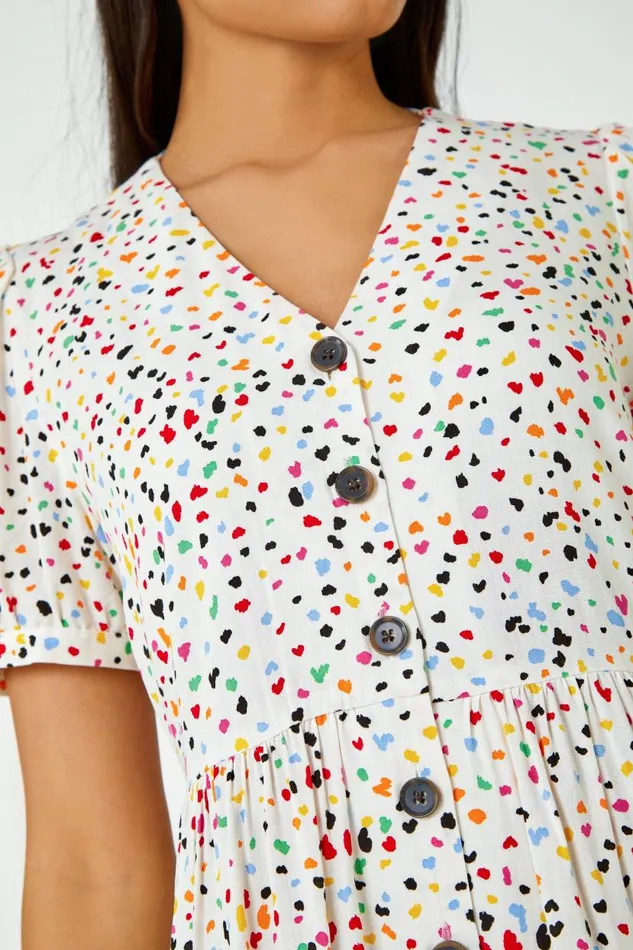 Yellow Ditsy Spot Print Button Down Dress Women Roman Dresses