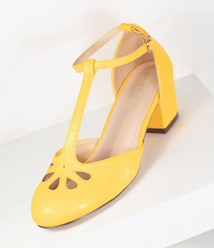 Yellow Leatherette Minny TStrap Heels Shoes Unique Vintage Heels
