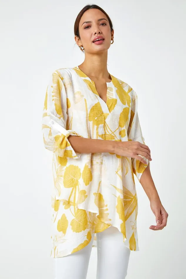 Yellow Palm Print VNeck Wrap Hem Tunic Top Women Roman Tops