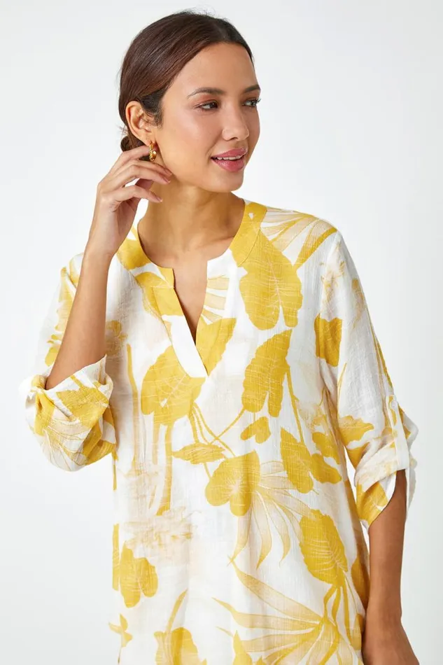 Yellow Palm Print VNeck Wrap Hem Tunic Top Women Roman Tops