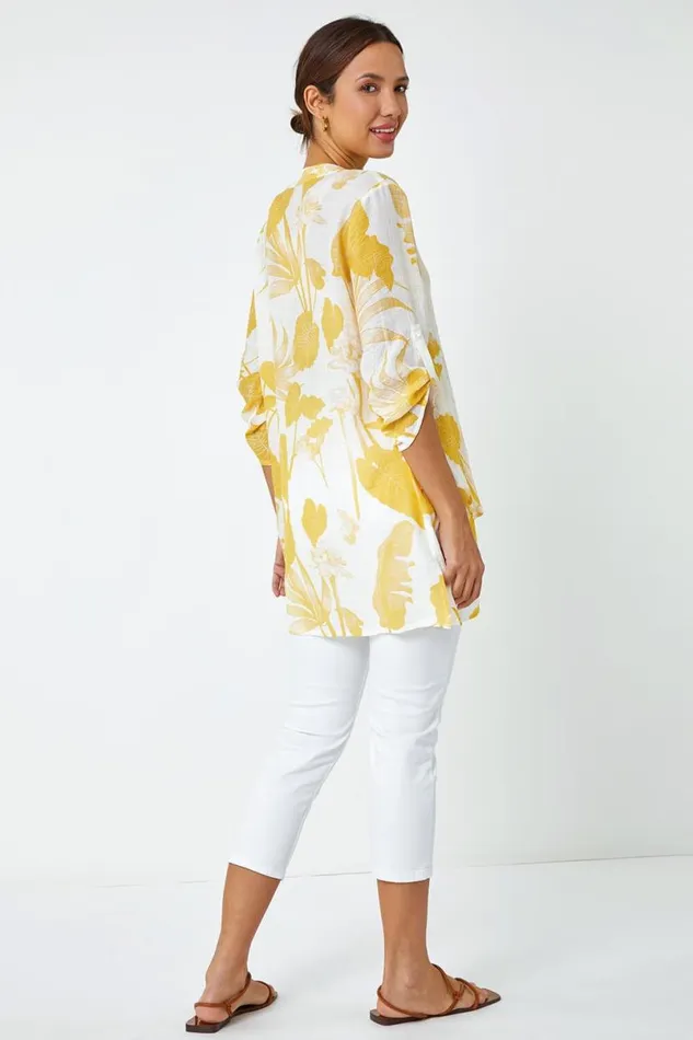 Yellow Palm Print VNeck Wrap Hem Tunic Top Women Roman Tops