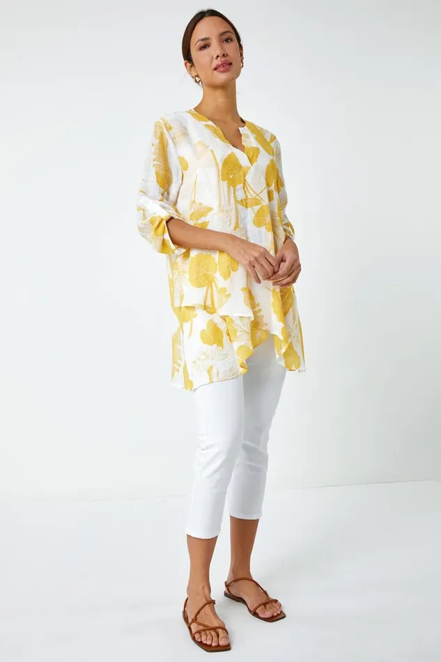 Yellow Palm Print VNeck Wrap Hem Tunic Top Women Roman Tops