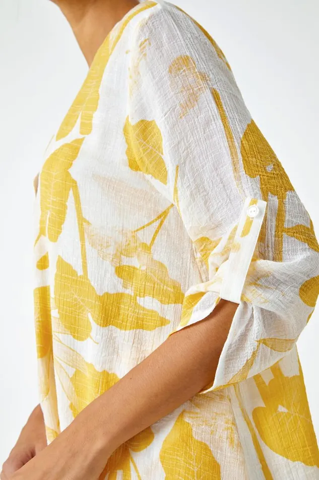 Yellow Palm Print VNeck Wrap Hem Tunic Top Women Roman Tops