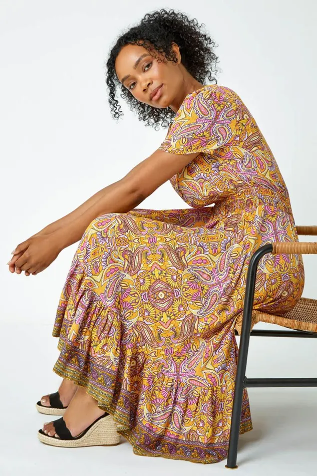 Yellow Petite Paisley Frill Midi Dress Women Roman Dresses