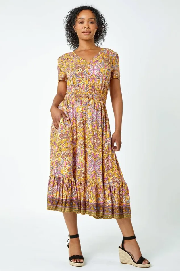 Yellow Petite Paisley Frill Midi Dress Women Roman Dresses