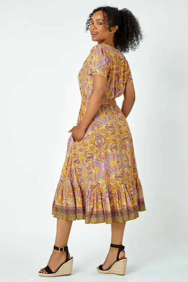 Yellow Petite Paisley Frill Midi Dress Women Roman Dresses