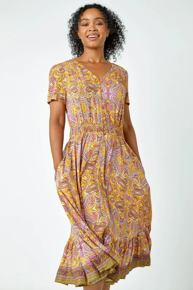 Yellow Petite Paisley Frill Midi Dress Women Roman Dresses