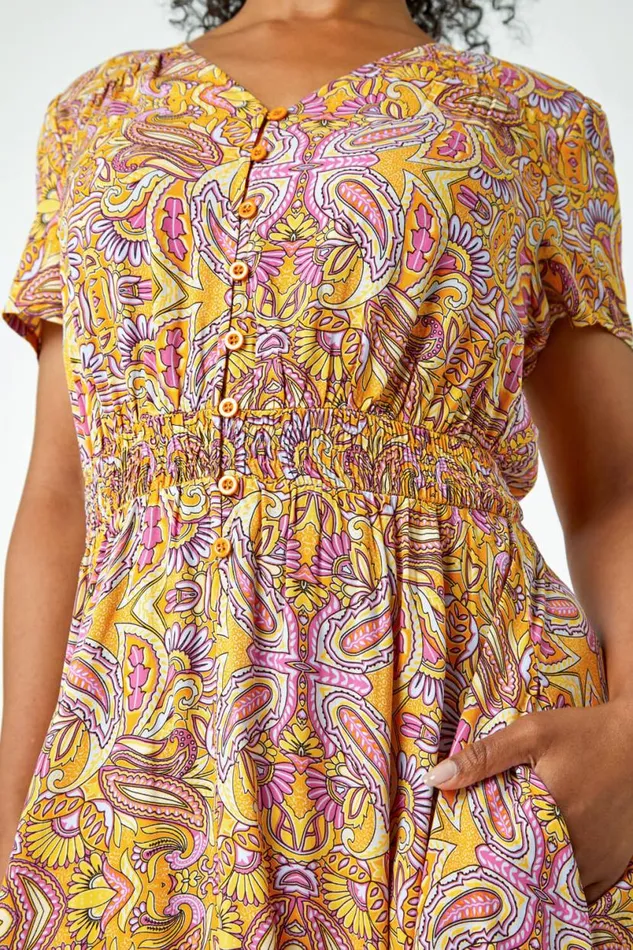 Yellow Petite Paisley Frill Midi Dress Women Roman Dresses