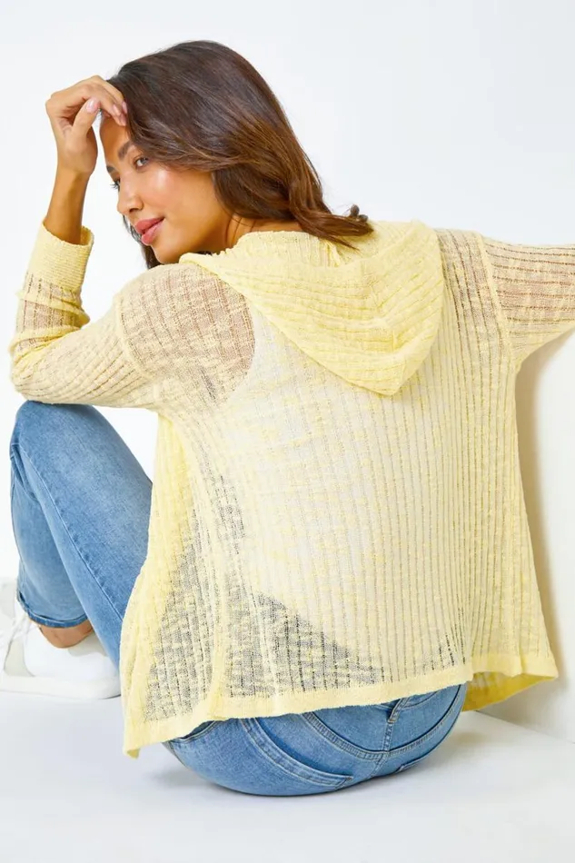Yellow Textured Rib Hooded Cardigan Women Roman Knitwear