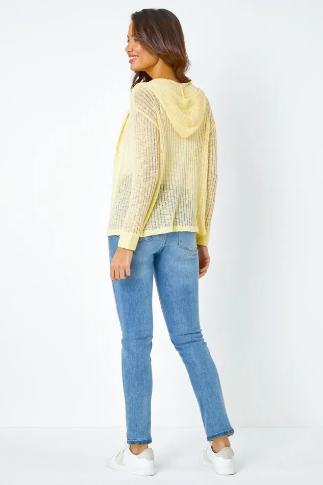 Yellow Textured Rib Hooded Cardigan Women Roman Knitwear