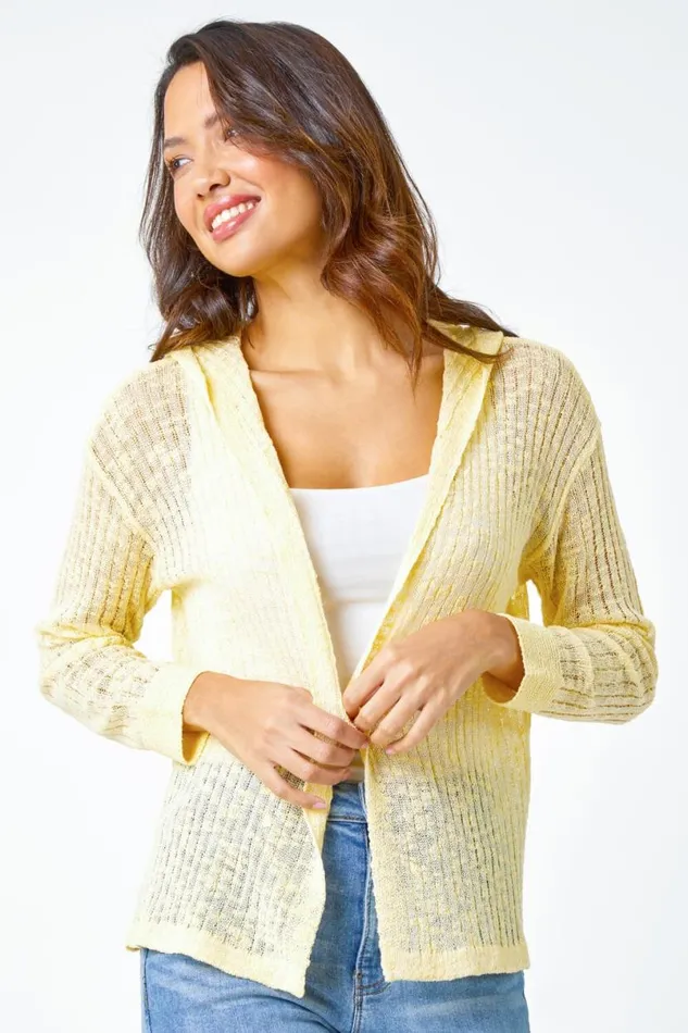 Yellow Textured Rib Hooded Cardigan Women Roman Knitwear