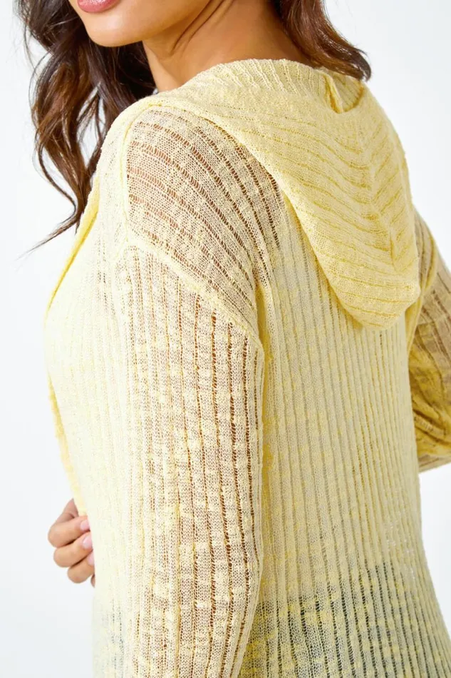 Yellow Textured Rib Hooded Cardigan Women Roman Knitwear